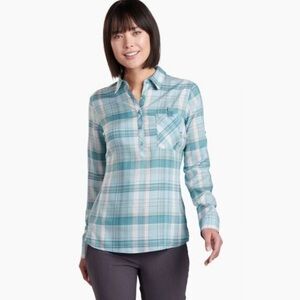 Kuhl Spektra Plaid Popover Roll Tab Sleeve Half Button Down Seaside Blue Small